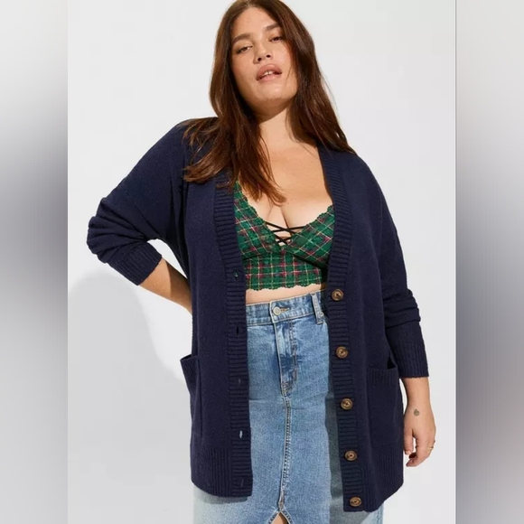 EUC Torrid 0 Navy Blue Vegan Cashmere Boyfriend Cardigan with Buttons - Picture 1 of 10